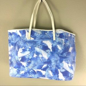 Blue and white tropical print tote